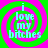 Four identical display cyan text 'i love my bitches' over green and pink spiral backgrounds with no visible animation changes