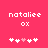 Pixelated pink background with white text 'nataliee' and 'ox', followed by five heart symbols where the third is light pink.