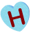 light blue heart-shaped objects with red 'H' letters, displayed in various 3D orientations against a gray background