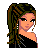 Pixel art buddy icon featuring a Gemini zodiac-themed character with long green-brown hair, black top, white flowing skirt, and visible torso in two frames showing different poses.