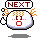 Pixelated character with orange hair, red square eyes, and a red mouth, under a 'NEXT' banner that changes color between frames.
