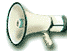 A white megaphone with a black rim and handle, displayed in a of with red Thai text overlaying the lower portion
