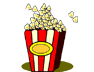 Red and white striped popcorn bucket with yellow oval logo, overflowing with white popcorn kernels on gray background.