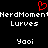 Red pixelated heart symbol above repeated white text 'NerdMoment' and 'Lurves' on black background with two instances of 'Yaoi'