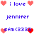 Pixelated text and heart icons arranged in a pattern with alternating red and pink hearts, blue lowercase letters spelling 'i love' and 'jennifer', and 'sfm<3333' phrases on white background