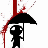 Animated contact sheet showing a stick figure with an umbrella under red splatter effects, transitioning from intact to disintegrating while text changes.