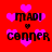 Red background with pink heart shapes and black pixelated text reading 'MADI' above a small heart symbol and 'CONNER' below it.