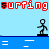 Animated contact sheet of stick figure surfing frames with repeating "surfing" text in red pixelated font above blue water and light blue sky background.