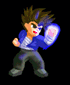 Animated character with spiky brown hair in blue jacket and gray pants performing multiple actions including holding a glowing object, growing wings, turning away, and crouching.