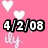Pixelated pink background with white hearts and a date stamp reading '4/2/08' in bold black-outlined numerals.