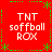 Red background with green dotted border and star motifs, four identical text blocks reading TNT soffball ROX in white pixelated font.