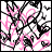 Animated icon with pink and black heart shapes on white background, border changes from dark purple to light pink across frames.