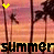 Animated sequence of palm trees against a sunset sky with two heart symbols and the text 'summersummer' at the bottom.