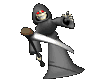 Animated skeletal figure in dark hooded robe with red eyes, holding scythe and staff, performing sequential hand gestures against gray background.
