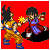 Two pixel-art characters in orange and blue martial arts uniforms face each other against a solid red background, with one character's hand emitting a yellow starburst effect.