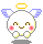 Pixelated white circular character with blue wing-like ears, pink cheek marks, and yellow outline in four variations showing different expressions and accessories.