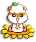 Animated hamster-like character with orange and white fur, green apple on head, yellow flower base, holding a bone in one pose and eating it in another.