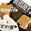 A static image shows a s'more with graham crackers, marshmallows, and a Hershey's chocolate bar, with overlaid text reading 'Gimmie' and 's'more'