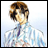 Pixelated anime-style character with brown hair and light blue striped shirt against light blue gradient background, next to black with white text