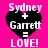 Four identical pixelated icons on bright pink background display 'Sydney + Garrett = LOVE!' text over black heart shape with white lettering.