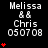Static pixel art displays three of identical text blocks with red heart icons, each block showing "Melissa" followed by two ampersands, then "Chris", and the date "050708"