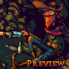 Pixel art of a bandit with a red mask and cowboy hat holding a blue rifle, standing in front of dark foliage with 'PREVIEW' text at the bottom.