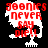 Pixelated red text 'JOONIES NEVER SAY DIE!!' overlaid on a white skull silhouette with black background, transitioning to gray and then dark gray versions.