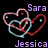 Pixelated icon with interlocking hearts and two names on black background, static image.