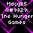 Pixelated text and purple pattern on black background with repeated 'MacyB5' and 'The Hunger Games' text