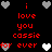 Pixelated red text on black background with gray and white heart icons, displaying 'i love you cassie ever' in two