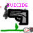 Pixelated image shows a black handgun with gray accents, green stem-like base, and pink text reading SUICIDE above it.