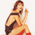 Pixelated figure in a yellow bikini top and red bottoms, brown hair, one arm raised, seated pose against white background.