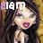Four identical pixelated images of a cartoon character with long dark hair, green eyes, and red lips arranged in a on a golden background