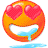 Animated orange emoji face with heart-shaped eyes, wide open mouth, and blue tears streaming down, set against a gray background.