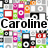 Pixelated collage of colorful square icons with a central black text overlay reading 'Caroline' on a white background.
