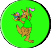 Animated cartoon kangaroo in green shirt holding pink flag and colorful object against bright green circular background with black border.