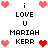 Pixel art icon with repeating text and heart symbols in red, pink, and black on white background.