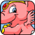 Pixelated pink elephant icon with blue eyes, yellow and red head decorations, and a smiling expression on a gray background.