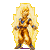 Pixelated character with golden aura in three distinct poses against gray background.