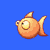 Pixelated orange fish with yellow eyes swim left to right across a blue background, bubbles and particles appear in sequence.
