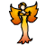 Pixelated figure with orange-yellow wings, long flowing dress, and dark hair against white background.
