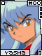 Pixelated anime-style character with light blue hair and brown eyes, wearing red clothing under a white collar.