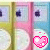 Animated contact sheet showing three frames of a pixel art buddy icon featuring an iPod-like device with heart symbols changing color across frames.