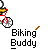 Pixelated character on red bicycle with yellow shirt and white head, text 'Biking Buddy' below, some frames show red pixelation effects.