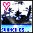 Animated sequence showing a pink heart icon above a pixelated scene with blue water and dark shapes, transitioning text from 'SUMMER 05...' to 'ALMOST HERE' across frames.