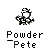 Pixelated character with white face and black-and-white striped hat, arms raised, wearing black-and-white patterned outfit with purple accents, standing above text reading Powder Pete.