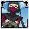 Anime character with teal hair and purple mask in dark sleeveless vest over magenta shirt, arms crossed against blue sky background.