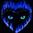 Pixelated blue and black icon with glowing cyan eyes, stylized hair or flame-like shapes surrounding a dark central face.