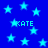 Blue background with light blue stars and repeated 'KATE' text in cyan pixelated font.