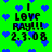 Green background with blue pixelated hearts and black text reading "I LOVE PAY!!! 2.3.08" in multiple positions.